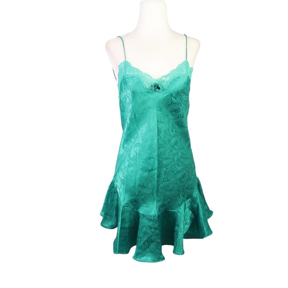 Vintage 90s Cacique Lingerie emerald green satin mini nighty dress M